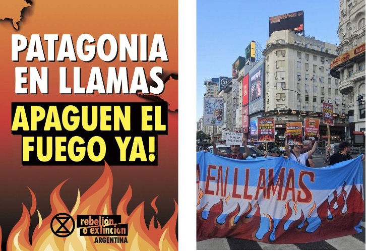 Ein Foto eines Plakats, auf dem steht "patagonia en llamas apaguen elfuego ya!". Daneben ein Foto einer Demonstration in einerStadt.
