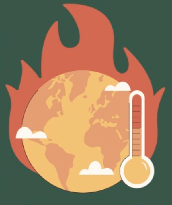 A stylised Earth globe in yellow and red with white blobs that might symbolise clouds, giant flames, and a yellow, orange, and red thermometer.