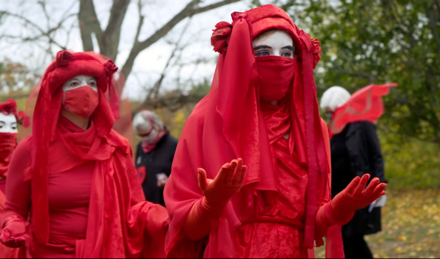 An image of two Red Rebels from a short film directed by Jonathan Schwartz of CMI (Climate Media Initiative). Two Red Rebels walk forward, palms up.