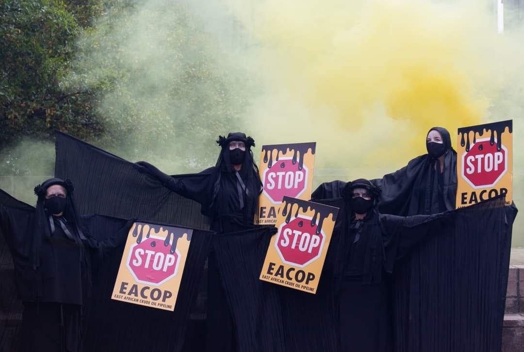 People in black masks and capes hold signs saying \"Stop Eacop\"