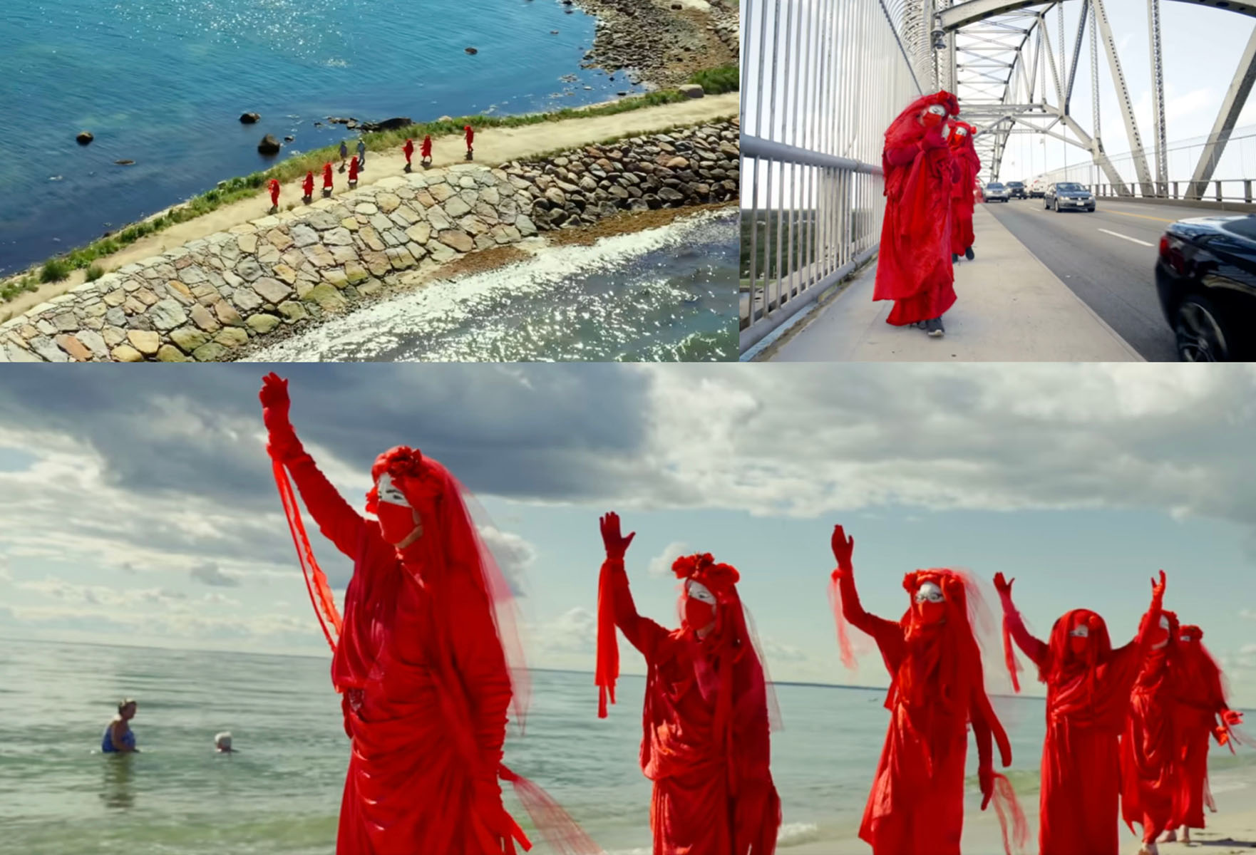 Scenes from Red Rebels, directed by Jonathan Schwartz of CMI (Climate Media Initiative). A trio of images showing the Red Rebels: filmed from above, on a bridge, and at a beach.