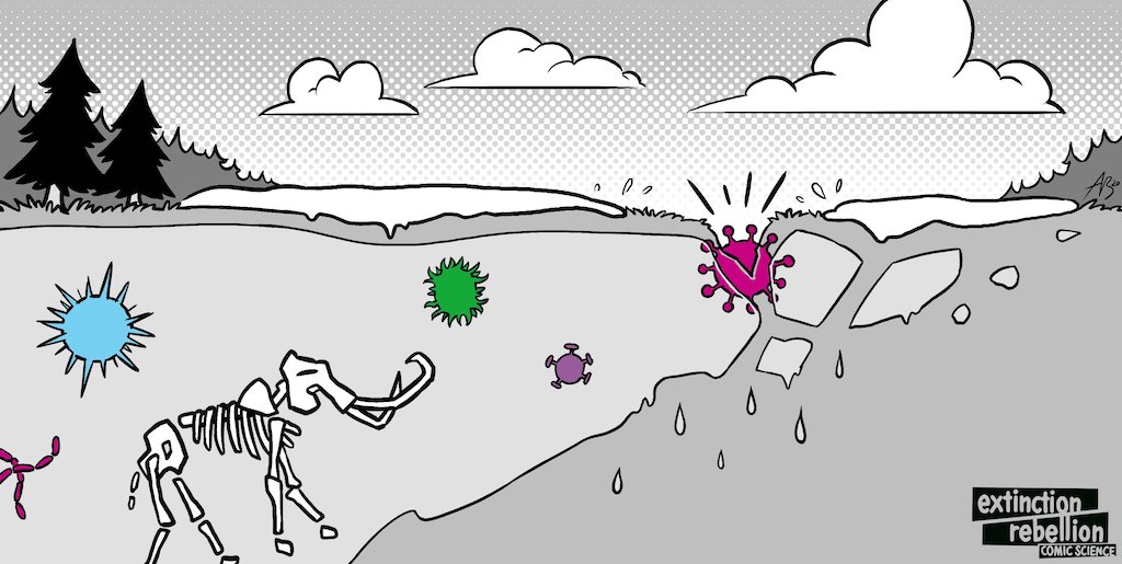 thawing frozen ground with mammoth skeleton and various diseases frozenwithin. One disease has thawed out and is escaping into theworld